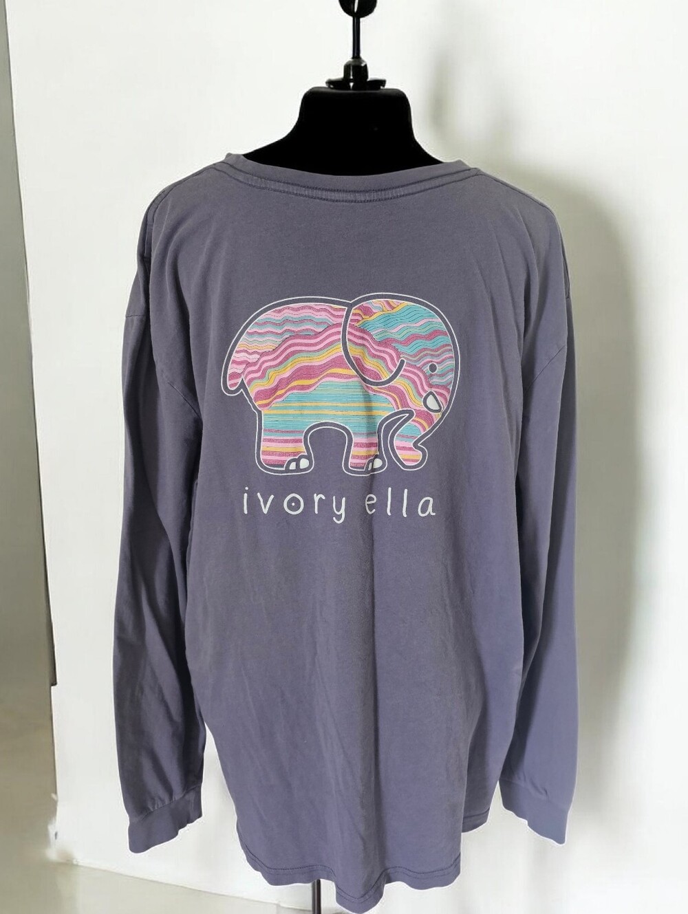 Ivory Ella Long-Sleeve Tee with Multicolor Striped Elephant